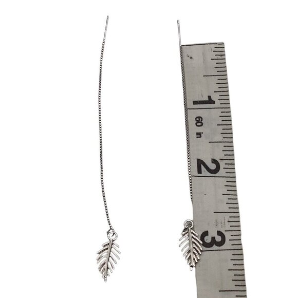Feather Threader Earrings Long Chain Drop Dangle 925 Silver Leaf Elegant - Picture 6 of 7